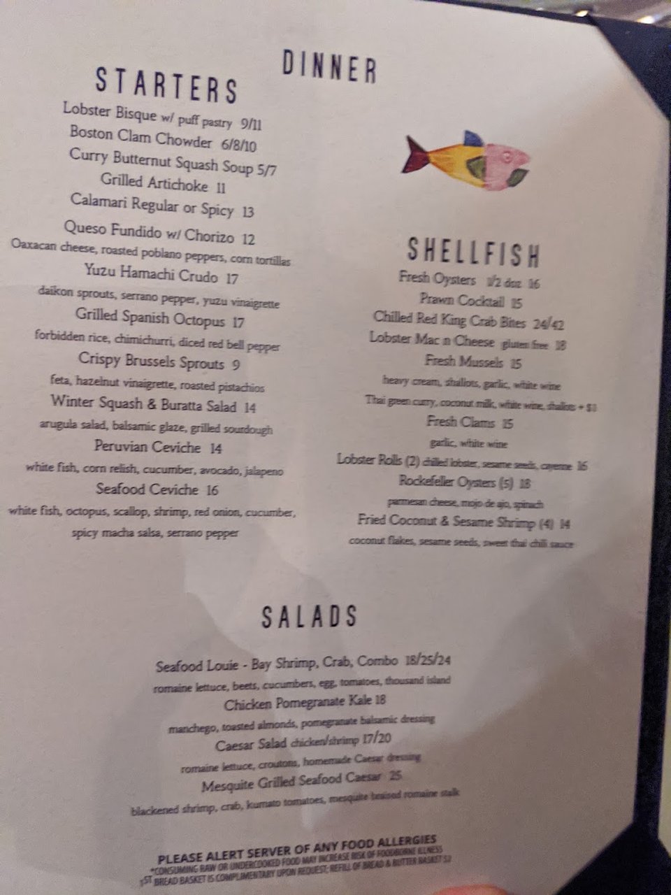 Printed seafood menu with lunch and dinner sections.